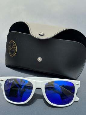Ray-Ban Polarized Wayfarer Sunglasses in White Frame with Blue Mirror Lenses